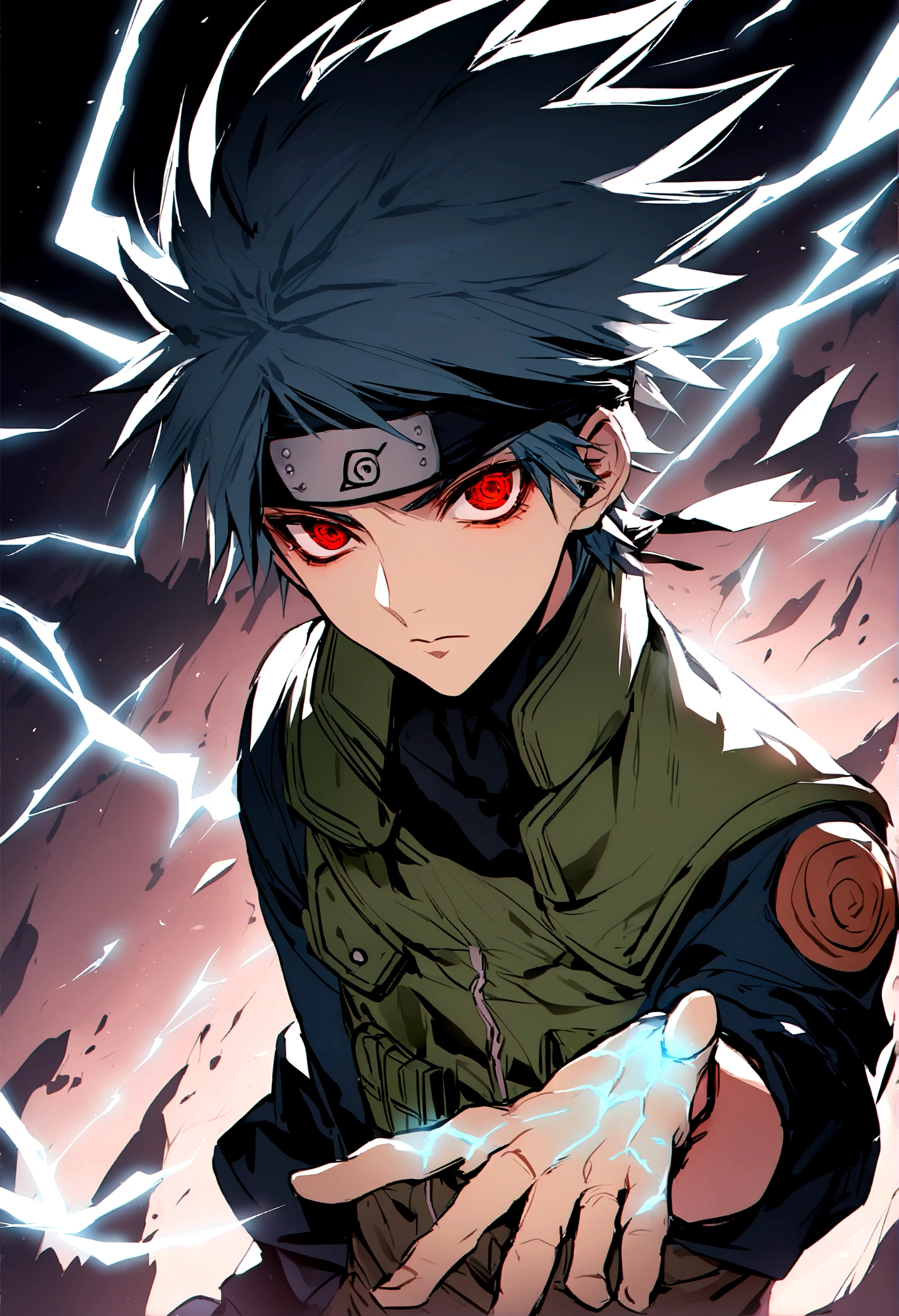 hatíce kAkashi, blue lightning bolt in one hand, chidory, upper body, sharingan in eyes, ready to fight, hight quality, red eyes, whole hand