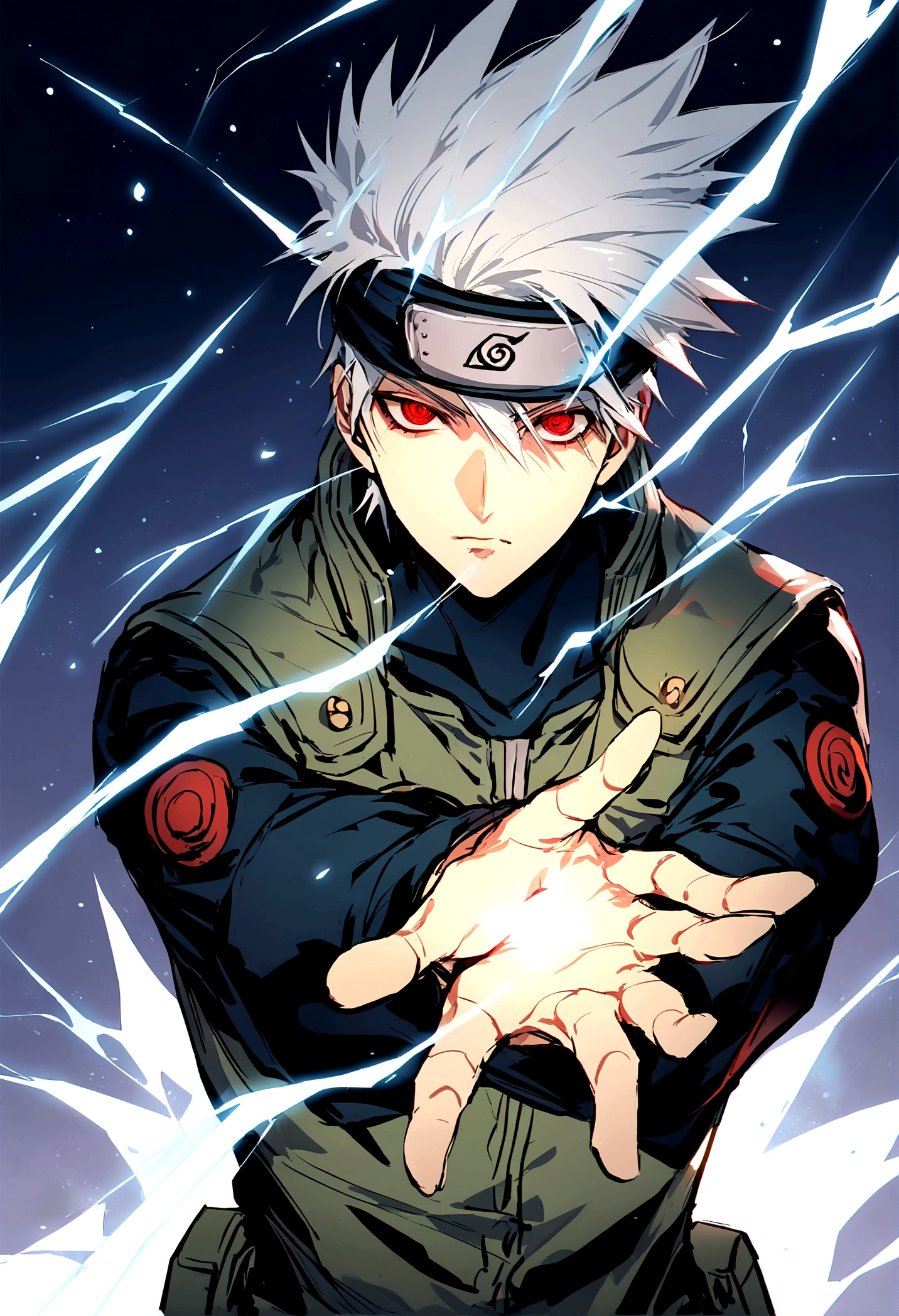 hatíce kAkashi, blue lightning bolt in one hand, chidory, upper body, sharingan in eyes, ready to fight, hight quality, red eyes, whole hand