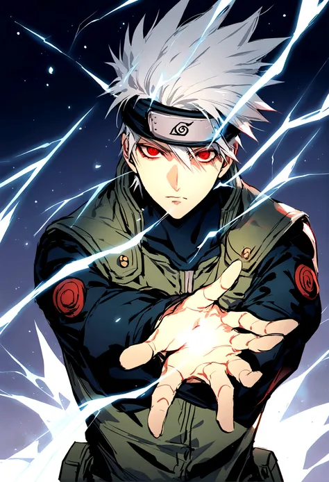 hatíce kakashi, blue lightning bolt in one hand, chidory, upper body, sharingan in eyes, ready to fight, hight quality, red eyes...