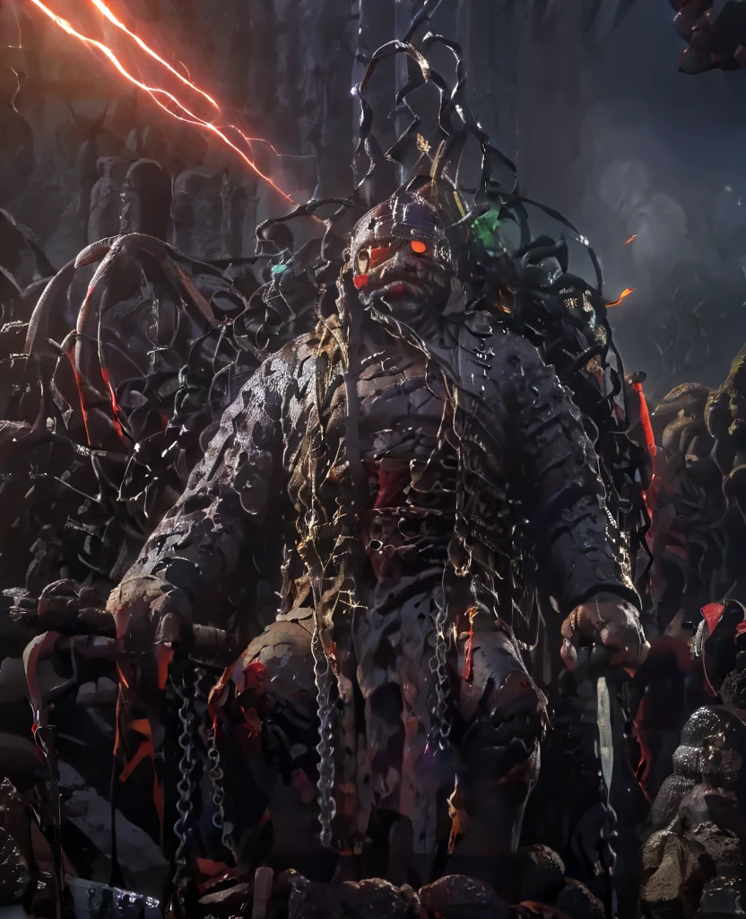 A striking, visually captivating illustration of a powerful Maratha shouting is prisionner warrior standing tall amidst dark clouds and heavy rain. His muscular, drenched body is adorned with massive shakles and chains at his arms, hips, and legs, while his glowing red eyes and determination exude strength. With perfect facial features, a long handlebar mustache, and flowing drenched hair, he shouts in anger as he pulls the chains with immense strength. The golden hour's light illuminates him from behind, casting a dramatic rim light on his bulky frame, and the stormy atmosphere intensifies the dark fantasy scene. Clad in a white traditional dhoti-like pants and a torn white robe, the warrior's immense size and the gathering clouds create a mesmerizing visual experience that is both vibrant and cinematic, blending elements of painting, poster, and fashion into a concept, vibrant, poster, fashion, illustration, cinematic, painting, dark fantasy art by greg rutkowski