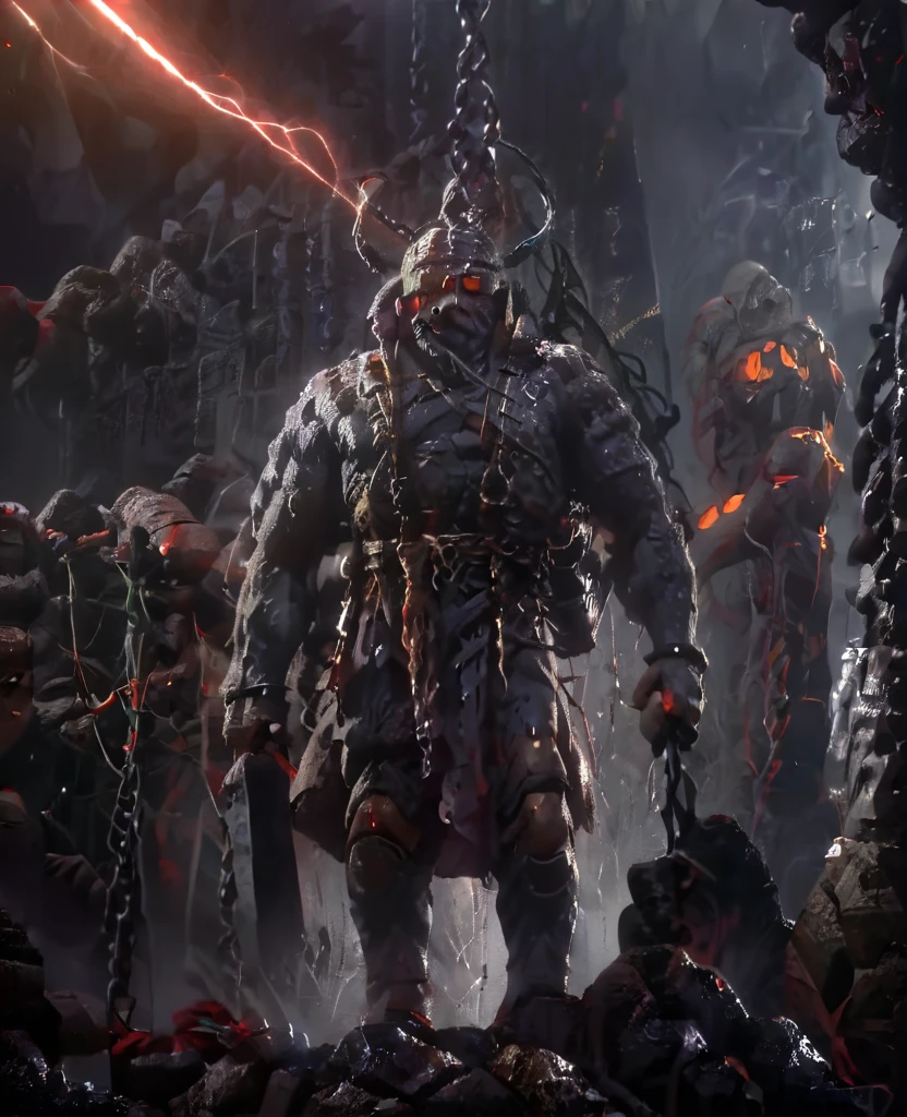 A striking, visually captivating illustration of a powerful Maratha shouting is prisionner warrior standing tall amidst dark clouds and heavy rain. His muscular, drenched body is adorned with massive shakles and chains at his arms, hips, and legs, while his glowing red eyes and fierce determination exude strength. With perfect facial features, a long handlebar mustache, and flowing drenched hair, he shouts in anger as he pulls the chains with immense strength. The golden hour's light illuminates him from behind, casting a dramatic rim light on his bulky frame, and the stormy atmosphere intensifies the dark fantasy scene. Clad in a white traditional dhoti-like pants and a torn white robe, the warrior's immense size and the gathering clouds create a mesmerizing visual experience that is both vibrant and cinematic, blending elements of painting, poster, and fashion into a concept, vibrant, poster, fashion, illustration, cinematic, painting, dark fantasy art by greg rutkowski