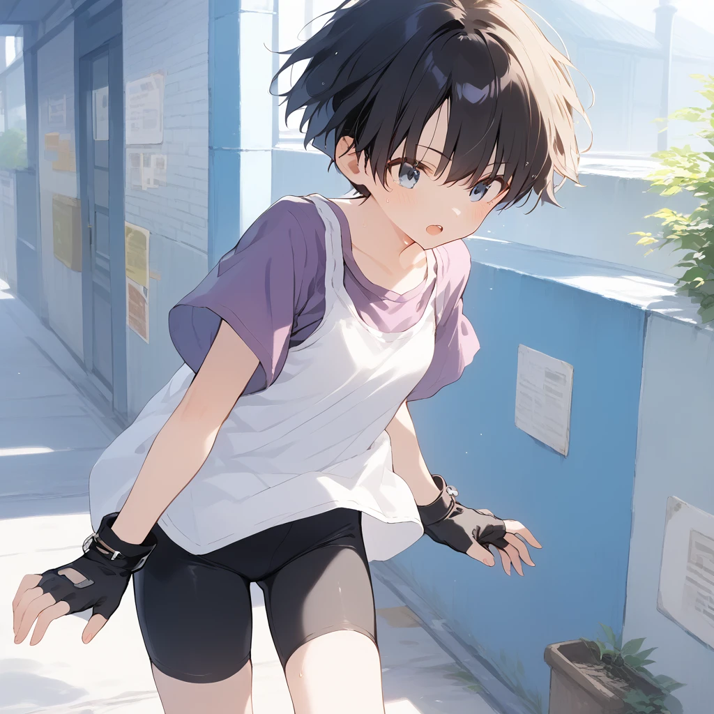 score_9, score_8_up, score_7_up, source_anime, best quality, masterpiece, official art, absurdres, highres, ultra-detailed,waifu2x,Collection: Slice of Life,break,1girl, short hair, spiked hair, blue eyes, bike shorts, purple shirt, (white shirt), fingerless gloves,sweat, open mouth, sleepily,  outdoors, wind,break,(clear line illustration:1.2), super detailed skin,very high resolution, very aesthetic, Best sexual lighting powered by famous artist, 8k,cute picture,beauty illustration,photoshop_(medium),,(Detailed Lighting),best anime 8k konachan wallpaper, pixiv contest winner, 