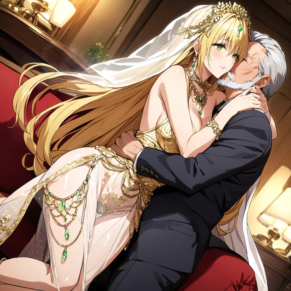 ((Highest quality)), ((masterpiece)), (detailed), （Perfect Face）、The woman was a tiare with green eyes and medium-long blonde hair, and was wearing a luxurious, shiny, gold-colored, long-slit see-through dress with gorgeous embroidery and trim, which allowed her skin to show through, a gold-colored see-through cape, and a gold-colored see-through veil. She was wearing a gorgeous jeweled hair accessory, a jeweled head dress chain, a jeweled waist chain, a gorgeous necklace, bracelets, ankle bracelets, jeweled earrings, and shiny gold boots. She was also wearing an engagement ring.、The woman is sitting with the man on a luxurious sofa in a luxurious room, being embraced, kissed and fondled by the man.、The man is a dignified, bearded, elderly man of great wealth, wearing luxurious clothing with gold embroidery and trim.