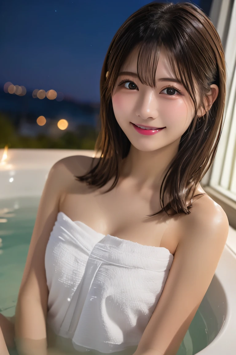 Highest quality, (beautiful)、Soak in the open-air bath、Cover yourself with a bath towel、Close-up、Soft 、night、smile、Bare shoulders、Outdoor、steam