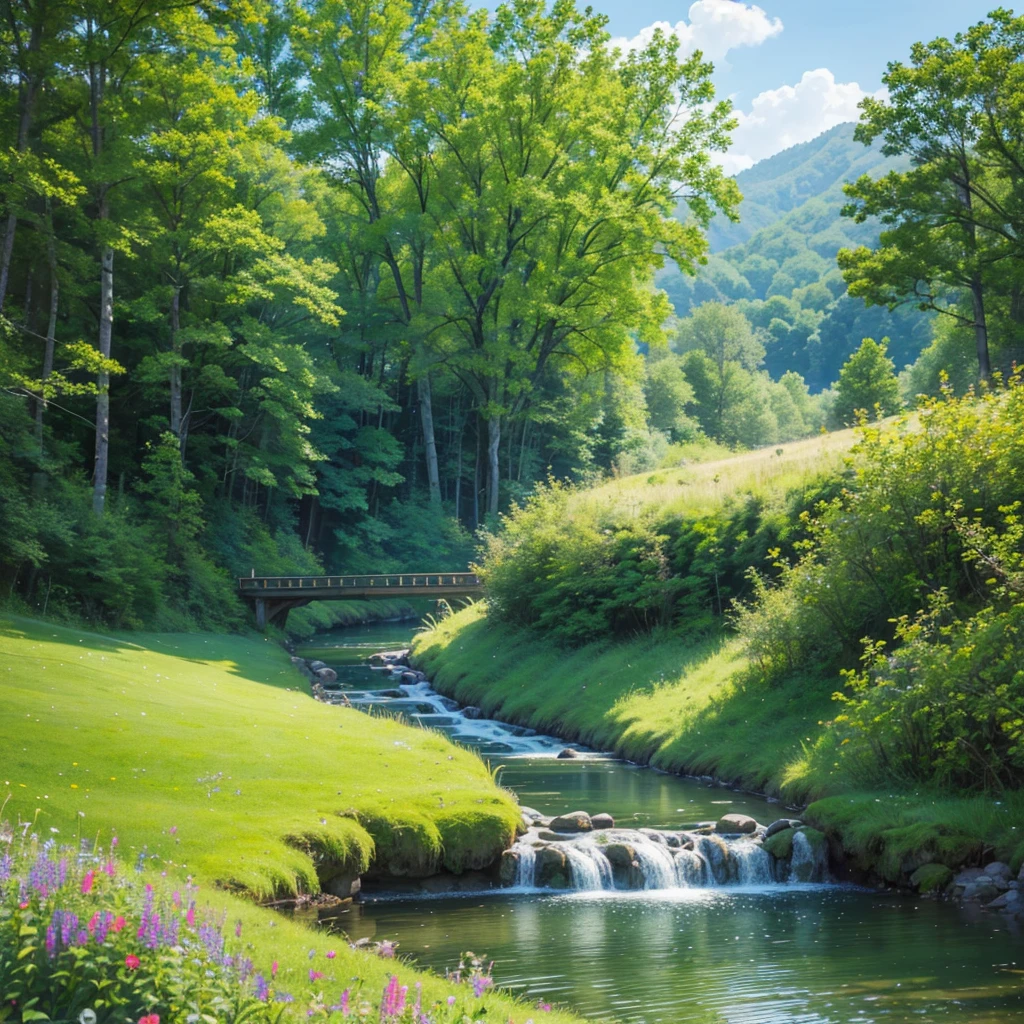 a cozy landscape, a small cottage in a meadow, rolling hills, lush green grass, wildflowers blooming, a babbling brook, a wooden bridge, sunbeams filtering through the trees, birds flying overhead, a warm and inviting atmosphere, (best quality,4k,8k,highres,masterpiece:1.2),ultra-detailed,(realistic,photorealistic,photo-realistic:1.37),landscape,natural lighting,vibrant colors,serene