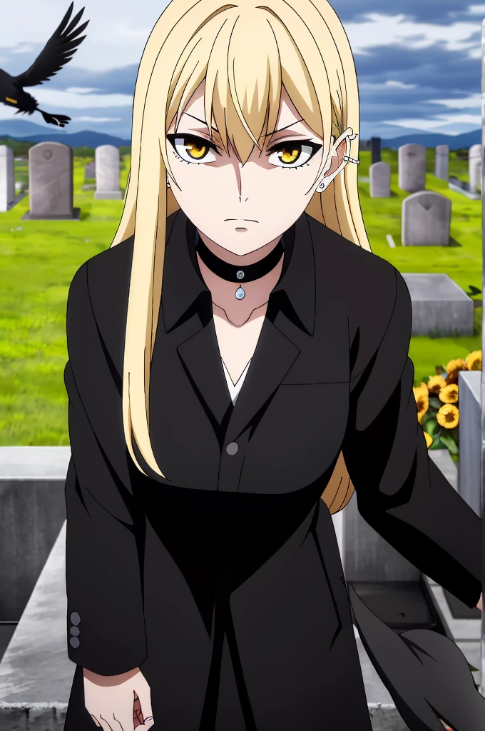 ((best quality)),((highly detailed)),masterpiece,absurdres,detailed face,beautiful face,(detailed eyes, deep eyes),1girl,((dynamic pose))  Guideau, blonde hair, solo, yellow eyes, long hair, jewelry, earrings, piercing, choker, ear piercing, bangs, hair between eyes, black choker, sidelocks, stud earrings, cowboy shot, standing, in cemetery, (long black coat:1.3), (overcast sky:1.2), (distant crows cawing:1.3), (fallen leaves scattered on the ground:1.2), (pensive expression:1.2), (wilting flowers on some graves:1.3)