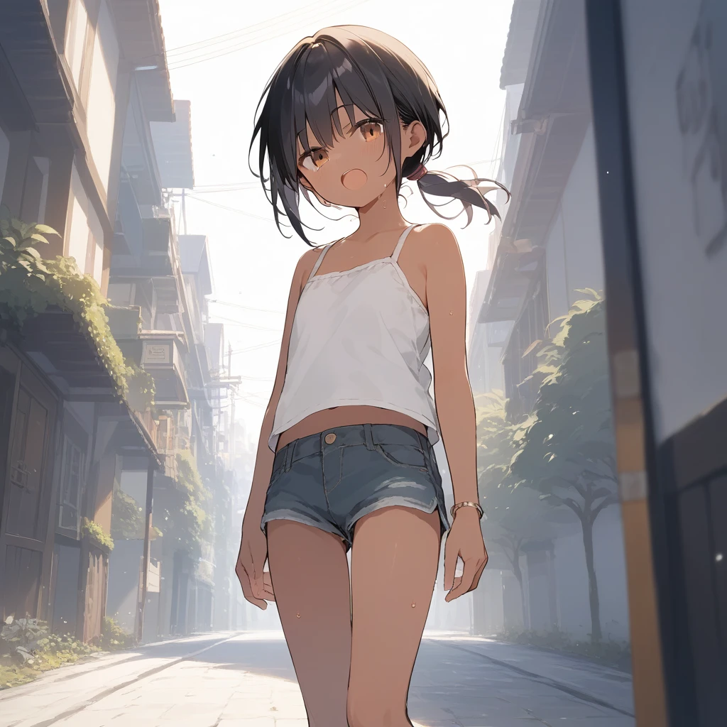 score_9, score_8_up, score_7_up, source_anime, best quality, masterpiece, official art, absurdres, highres, ultra-detailed,waifu2x,Collection: Slice of Life,break,1girl, tomboy, dark-skinned female, short hair, low ponytail, flat chest, beautiful detailed eyes, short shorts, sweat, open mouth, (yawn:0.3), sleepily, outdoors, wind,break,(clear line illustration:1.2), super detailed skin,very high resolution, very aesthetic, Best sexual lighting powered by famous artist, 8k,cute picture,beauty illustration,photoshop_(medium),,(Detailed Lighting),best anime 8k konachan wallpaper, pixiv contest winner,