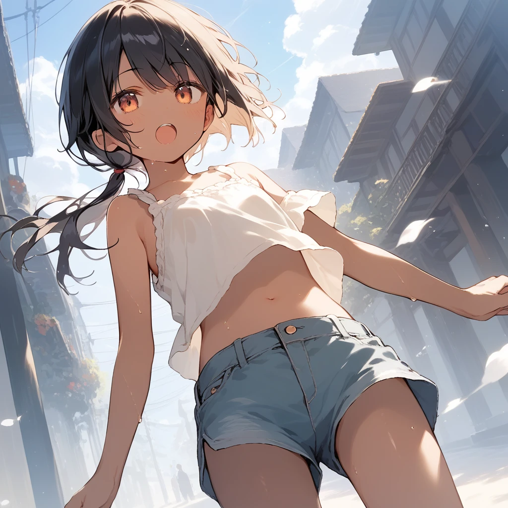 score_9, score_8_up, score_7_up, source_anime, best quality, masterpiece, official art, absurdres, highres, ultra-detailed,waifu2x,Collection: Slice of Life,break,1girl, tomboy, dark-skinned female, short hair, low ponytail, flat chest, beautiful detailed eyes, short shorts, sweat, open mouth, (yawn:0.3), sleepily, outdoors, wind,break,(clear line illustration:1.2), super detailed skin,very high resolution, very aesthetic, Best sexual lighting powered by famous artist, 8k,cute picture,beauty illustration,photoshop_(medium),,(Detailed Lighting),best anime 8k konachan wallpaper, pixiv contest winner,
