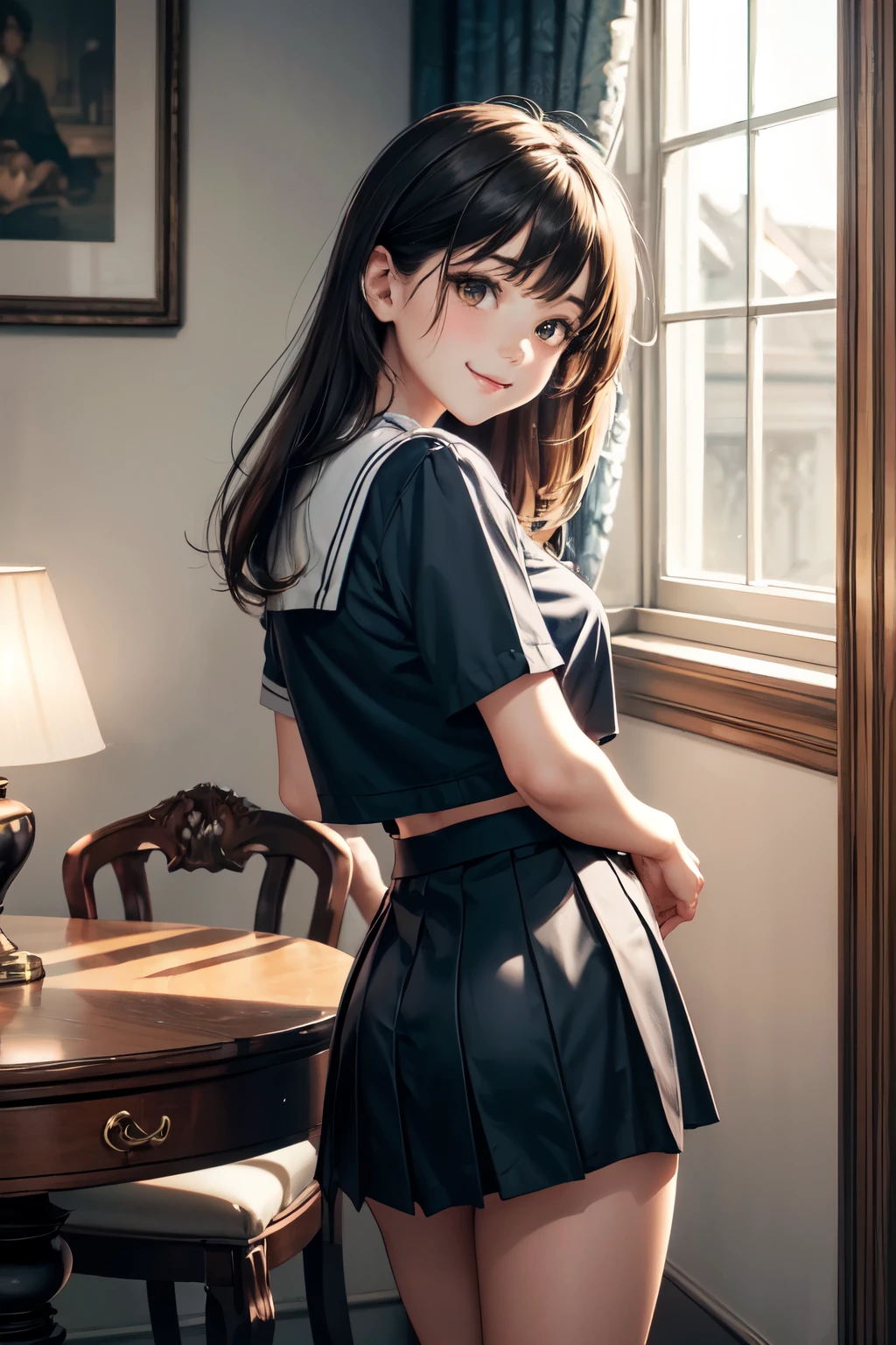 very cute and beautiful girl,(highly detailed beautiful face), (smile:1.2),blush,looking at viewer,black hair,serafuku,short sleeve,pleated navyblue mini skirt, (looking back,from behind),(leaning forward,hands at furniture), antique hotel bedroom,victorian gorgeous furnitures, (best quality,masterpiece),absurdres,highres,ultra-detailed,extremely detailed,32k,8k resolution, intricate details,cinematic scene,detailed background,solo,dynamic angle, perfect hands,beautiful hands,