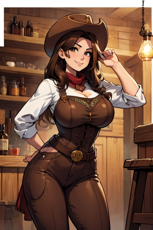 perfect face, perfect hands A brown haired female cowgirl with copper eyes with an hourglass figure in a conservative cowgirl outfit is drinking in the saloon with a big smile