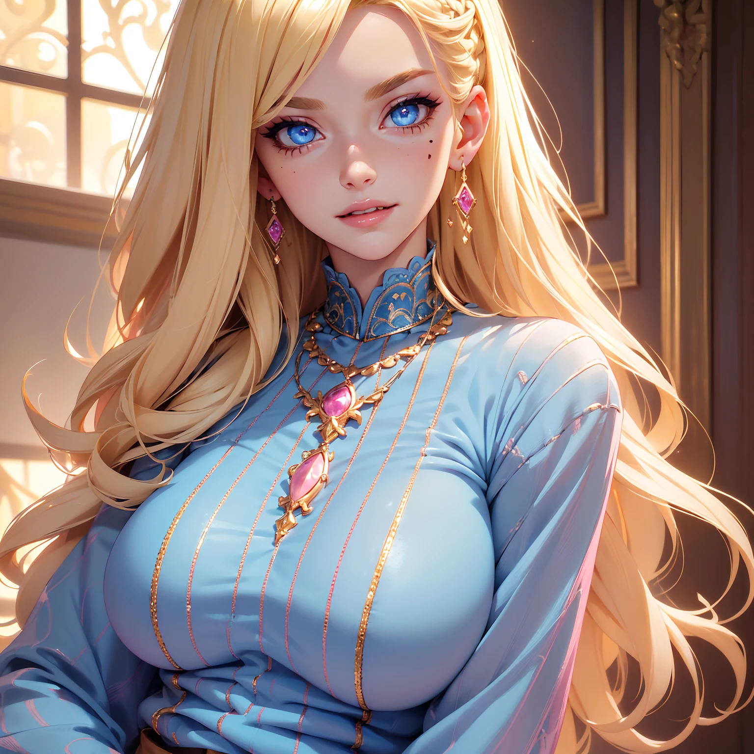 (((Blonde stunning hair))), (blue eyes), blue necklace, Golden earrings, Fit, Gorgeous Body, gorgeous, brown eyebrows, (two moles over lip), big pupils, (23 years old), complex skin, warm light, (large breasts), 5 fingers, ((detailed face, best quality)), ((masterpiece)), ((ultra-detailed)), (beautiful detailed eyes), red lip, eyeshadow, beautiful face, long hair, very detailed eyes, intricate details in eyes, perfect lips, good lighting, ((casual hot clothes)), long hair, detailed face, mean smirk, evil face, big plump breasts, ((in a pink bedroom)), ((masterpiece: 1.4)), ((evil laugh)),
