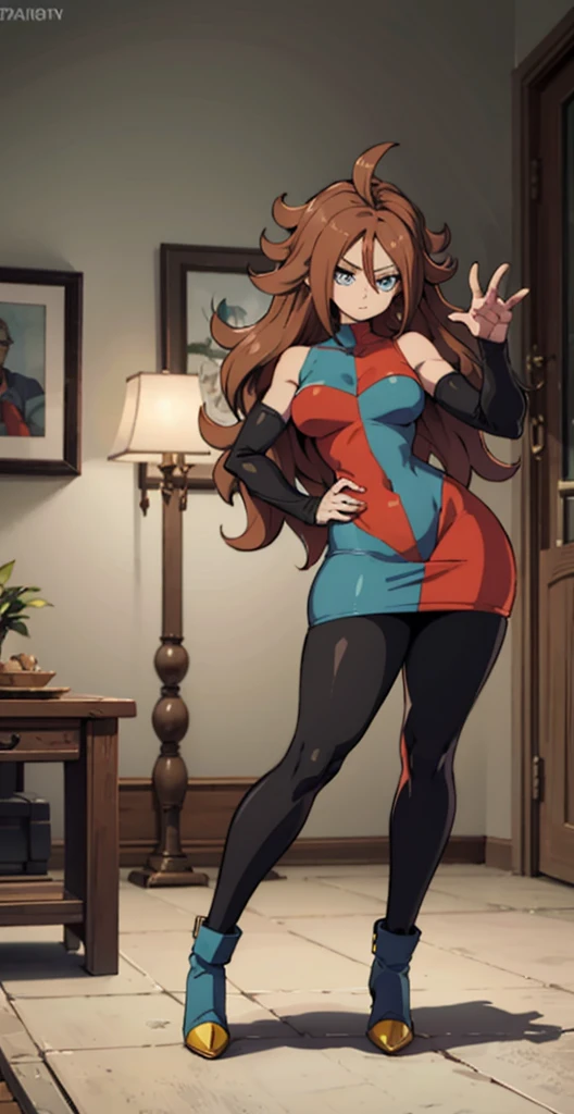 android 21, cups, pose lateral, She is sideways to the spectator, long brown hair, blue colored eyes, plaid dress, pantyhose, looking to the side, pose lateral, standing, ele está standing, serious, legs spread open, livingroom, light bulb, high qualiy, work of art, legs thick, big-ass, body healed,
