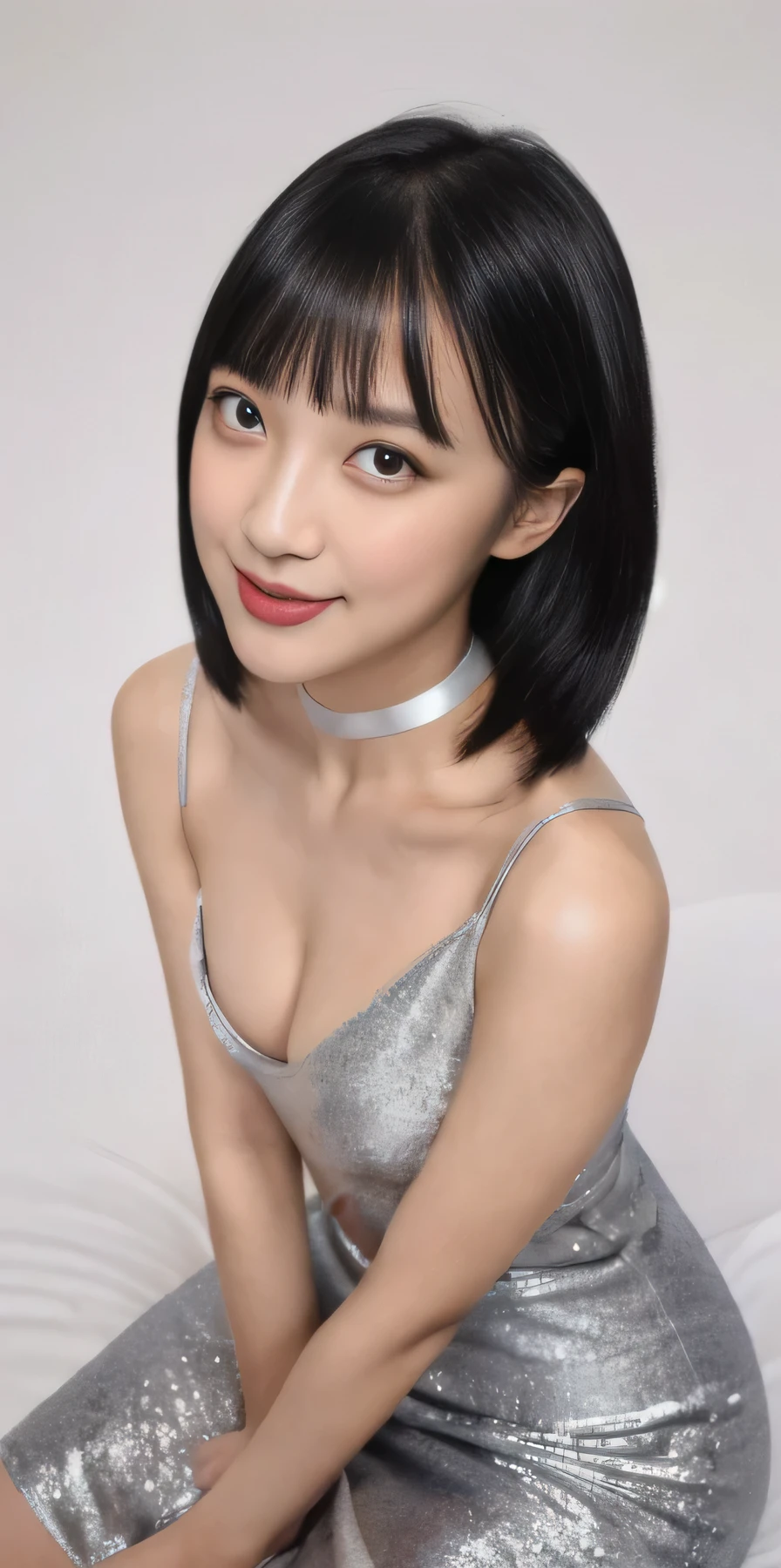 (Beautifuly delicate eyes), (8K, Original photo, Highest quality, masterpiece),(truthistic, photo truthistic),Ultra-high resolution,Highly detailed CG synthesis 8k wallpaper,Sharp focus,(truth_skin, oily skin),Perfect Anatomy,thin and long,(Cinema Lighting), Break 1 Girl,bangs,short hair,(thigh),Full Body Shot,choker,Hollow Eyes,Thin eyebrows,Face like a Japan person,Transparent skin,Erotic,Slit eyes,Hollow Eyes,Large Breasts,Small Nose,Natural Lip,Sex slave,(Sexy silver silk tube dress),(Love Hotel:1.3,Love bed,Sit on the bed) ,A light smile,Ecstatic expression,(From above:1.6) (Covered in semen:1.2), (Put your arms behind your back:1.4) , (look up:1.4), Alongside, eye contact, obedient slut, tracing, Blushing, (obedient:1.6) high waist, obedient outfits, Sticking out tongue, Mouth slightly open, Open Bust,