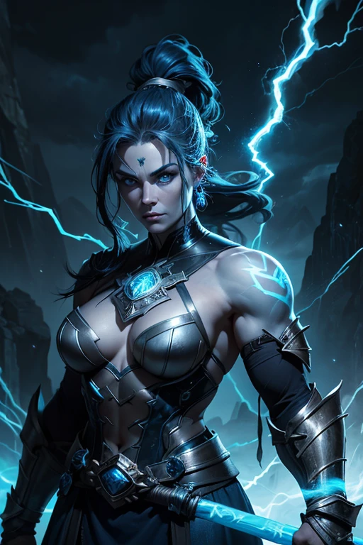 old but beautiful and muscular female Nordic storm giant with blue black hair in a ponytail and lightning staff, glowing tattoos and pale blue skin wearing steel runic plate Armour , temple cave background with lightning storm, glowing blue eyes with electric sparks , age 40erful, mature, age