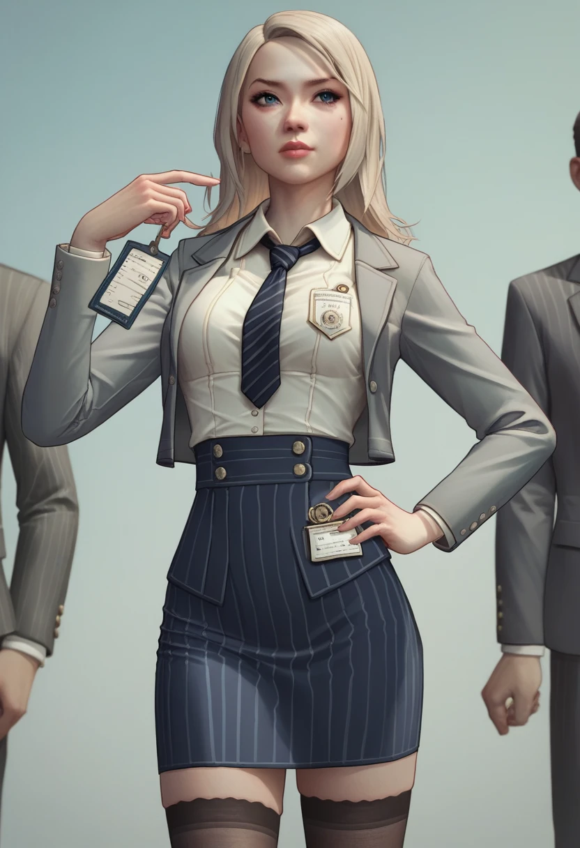 rebecc4DR, (((navy pinstripe skirt suit))), (((three-piece suit))), (((Light blue dress shirt))), (((necktie))), (((grey blazer))), (((suit jacket))), ((waistcoat)), double-breasted waistcoat, (((bodycon miniskirt))), stockings, pocket square, cufflinks, 