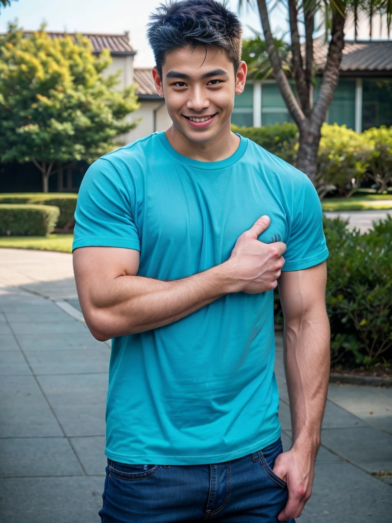 (best quality, 4K, 8K, high resolution, Masterpiece: 1.2), Special details, (realistically, As realistic as a photo, photo realistic: 1.37), Edge lighting, Extra detailed coloring, sharp focus, Physical rendering ,Extremely detailed description,professional,light color,Bokeh,Portrait,look at the viewer,
Young Asian man, 20 years old ,(wearing a blue t-shirt), smile