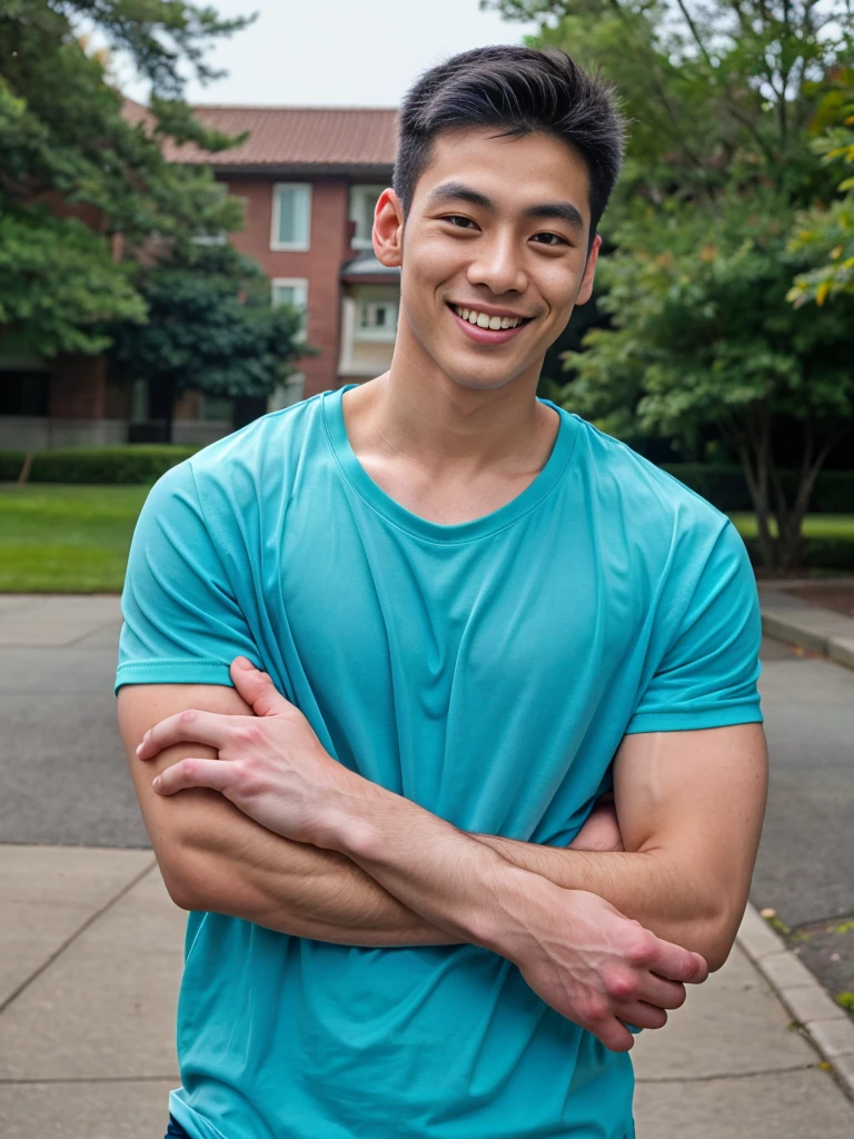 (best quality, 4K, 8K, high resolution, Masterpiece: 1.2), Special details, (realistically, As realistic as a photo, photo realistic: 1.37), Edge lighting, Extra detailed coloring, sharp focus, Physical rendering ,Extremely detailed description,professional,light color,Bokeh,Portrait,look at the viewer,
Young Asian man, 20 years old ,(wearing a blue t-shirt), smile