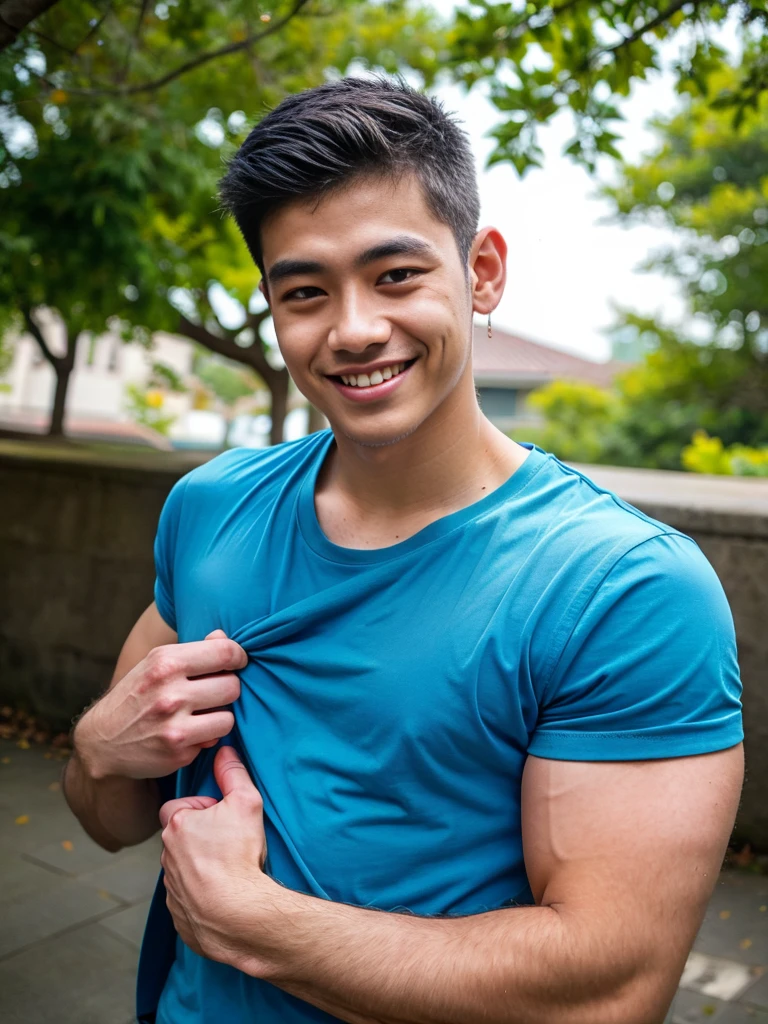 (best quality, 4K, 8K, high resolution, Masterpiece: 1.2), Special details, (realistically, As realistic as a photo, photo realistic: 1.37), Edge lighting, Extra detailed coloring, sharp focus, Physical rendering ,Extremely detailed description,professional,light color,Bokeh,Portrait,look at the viewer,
Young Asian man, 20 years old ,(wearing a blue t-shirt), smile