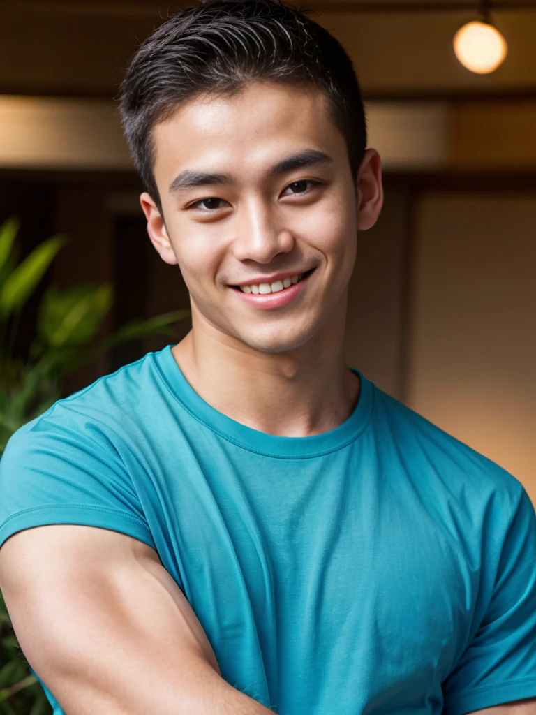 (best quality, 4K, 8k, high resolution, Masterpiece: 1.2), Special details, (realistically, As realistic as a photo, photo realistic: 1.37), Edge lighting, Extra detailed coloring, sharp focus, Physical rendering ,Extremely detailed description,professional,light color,Bokeh,Portrait,look at the viewer, Talay, a young Asian man, 20 years old ,(Wear a T-shirt), smile
