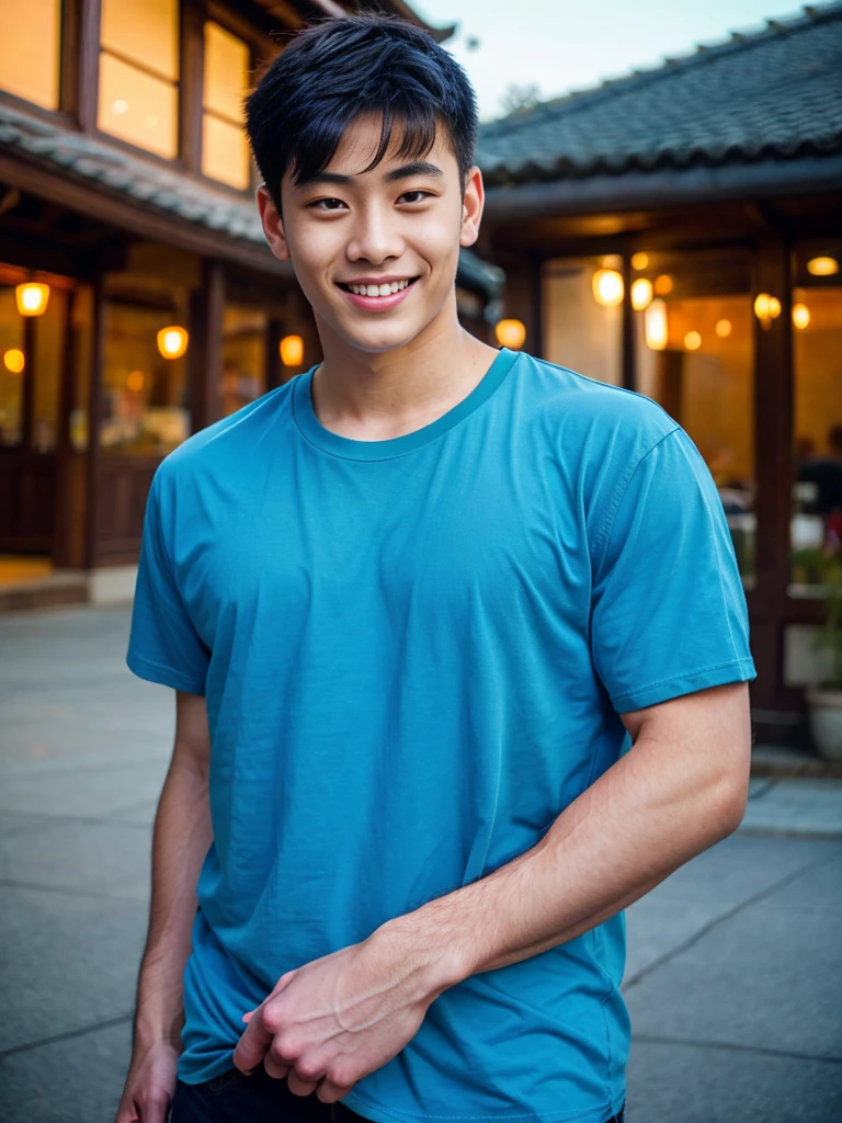 (best quality, 4K, 8K, high resolution, Masterpiece: 1.2), Special details, (realistically, As realistic as a photo, photo realistic: 1.37), Edge lighting, Extra detailed coloring, sharp focus, Physical rendering ,Extremely detailed description,professional,light color,Bokeh,Portrait,look at the viewer,
Young Asian man, 20 years old ,(wearing a blue t-shirt), smile