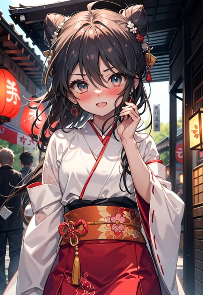 Shana,灼眼のShana,Long Hair, Redhead, Red eyes,Ahoge,smile,blush,Open your mouth,Hair Bun, single Hair Bun,blush,Red Kimono,Thick sleeves,Red long skirt,日本のfestival,夏festivalの屋台,Red lantern, break looking at viewer, Upper Body, break outdoors, shrine,festival, break (masterpiece:1.2), Highest quality, High resolution, unity 8k wallpaper, (shape:0.8), (Beautiful and beautiful eyes:1.6), Highly detailed face, Perfect lighting, Highly detailed CG, (Perfect hands, Perfect Anatomy),
