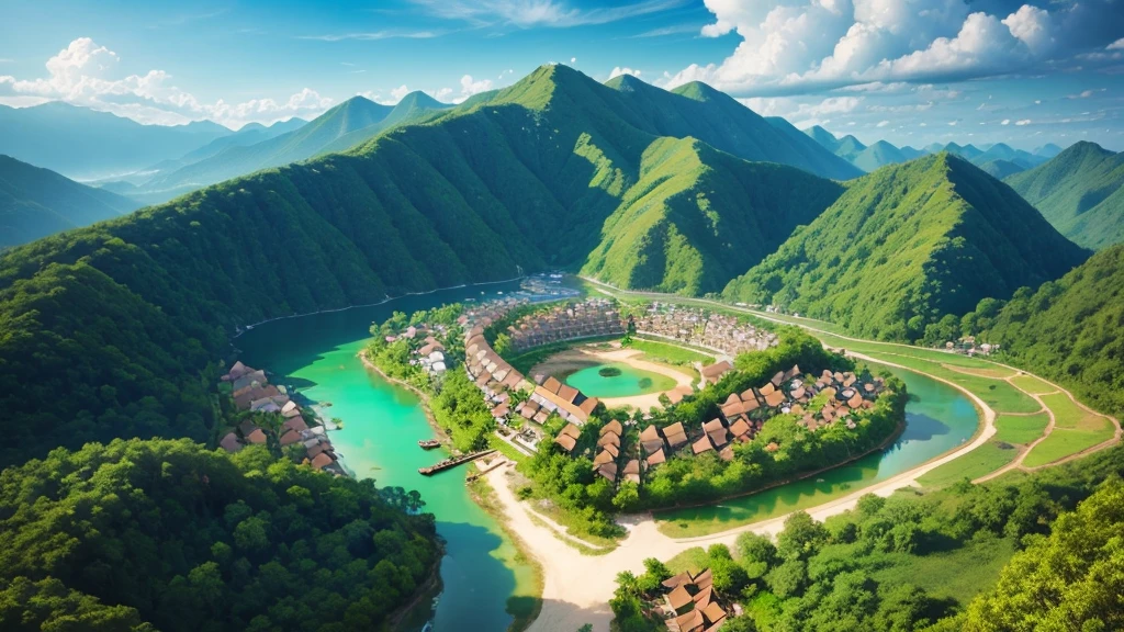 Beautiful scenery of ancient village in Malaysia. Aerial view. Photorealistic photos, High definition. 8K