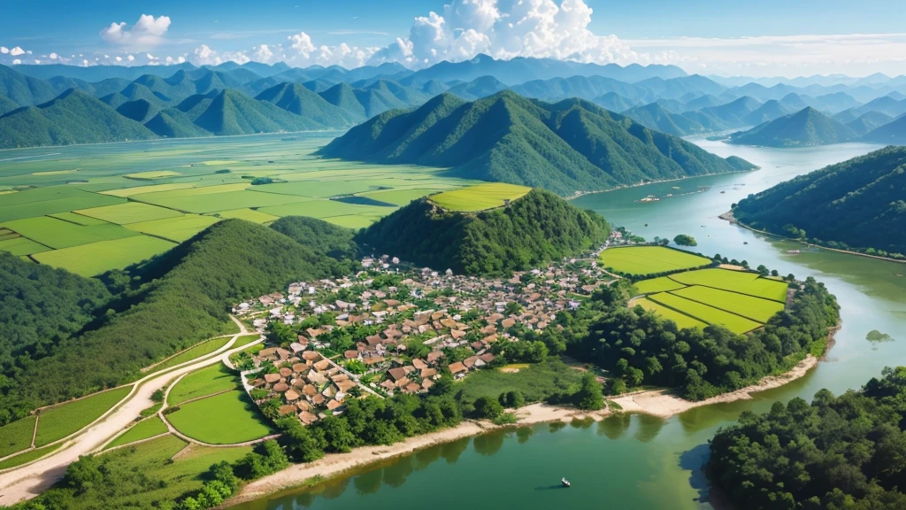 Beautiful scenery of ancient village in Malaysia. Aerial view. Photorealistic photos, High definition. 8K
