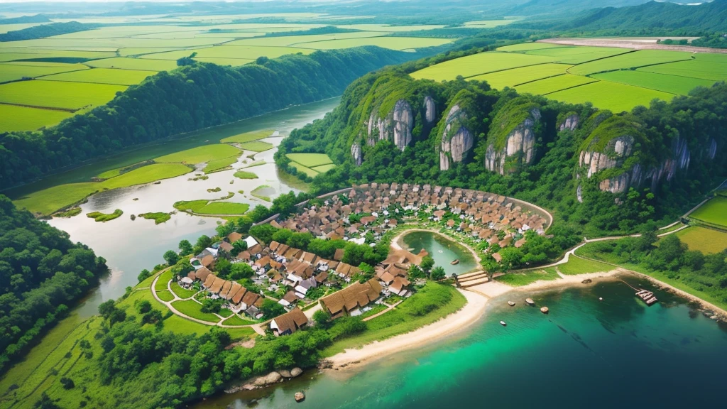 Beautiful scenery of ancient village in Malaysia. Aerial view. Photorealistic photos, High definition. 8K