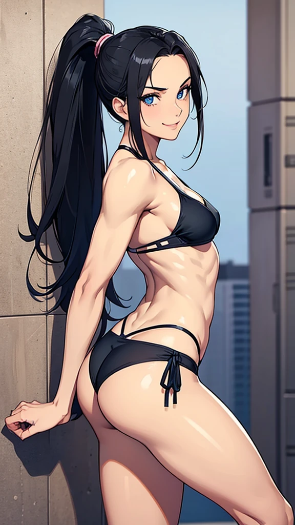 Black hair girl with a ponytail, standing looking at the ground with an air of superiority. muscular girl, naughty smile. detailded, beautiful face, blue colored eyes. She has a small breasts. bikini branco, sultry posing, sexly, leaning over showing her ass.