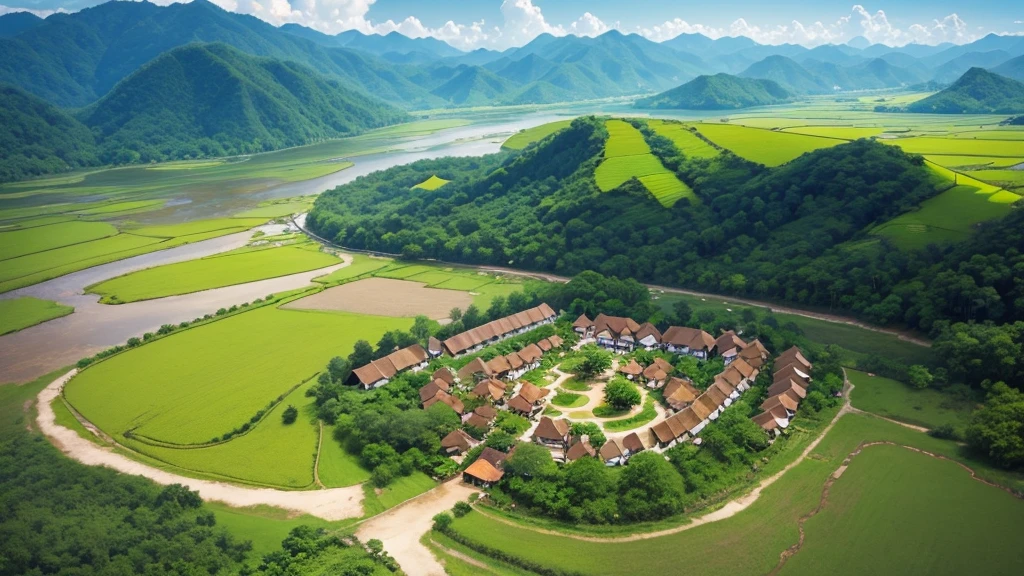 Beautiful scenery of ancient village in Malaysia. Aerial view. Photorealistic photos, High definition. 8K