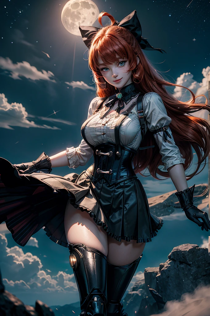 night, moon, stars, cowboy shot, (dynamic pose), smile, underbust, Penny Polendina, long red hair, neck ribbon, suspender skirt, corset, black bow, white blouse, mechanical legs, neon trim, flying in the air, blue sky, above a valley, clouds (volumetric lighting), intricate details, tonemapping, sharp focus, hyper detailed