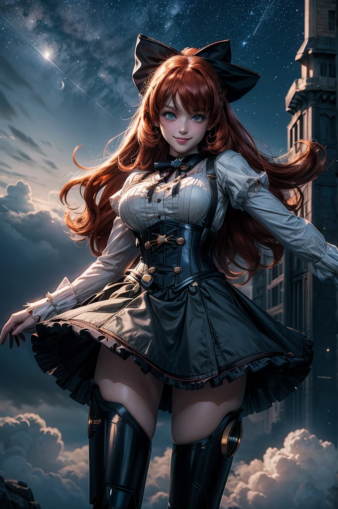 night, moon, stars, cowboy shot, (dynamic pose), smile,  underbust, Penny Polendina, long red hair, neck ribbon, suspender skirt, corset, black bow, white blouse, mechanical legs, neon trim, flying in the sky, blue sky, clouds (volumetric lighting), intricate details, tonemapping, sharp focus, hyper detailed

