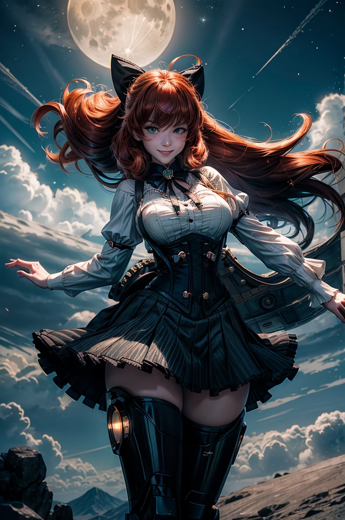 night, moon, stars, cowboy shot, (dynamic pose), smile,  underbust, Penny Polendina, long red hair, neck ribbon, suspender skirt, corset, black bow, white blouse, mechanical legs, neon trim, flying in the sky, blue sky, clouds (volumetric lighting), intricate details, tonemapping, sharp focus, hyper detailed

