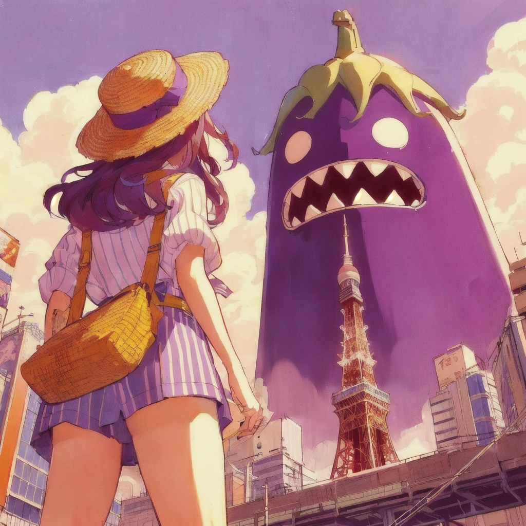 Anime girl wearing a hat and bag looking at a giant eggplant, Tokyo Tower is in front of the eggplant,by Kamisaka Sekka, Tokyo Anime Scene, By Ikuo Hirayama, boogiepop phantom, Kuvisiato, 80s anime style,Anime-style artwork, Japanese Pop Surrealism, by Shinoda Toko, Dreamy psychedelic anime, Japanese Pop Surrealism, Retro Anime Images, Anime-style illustrations