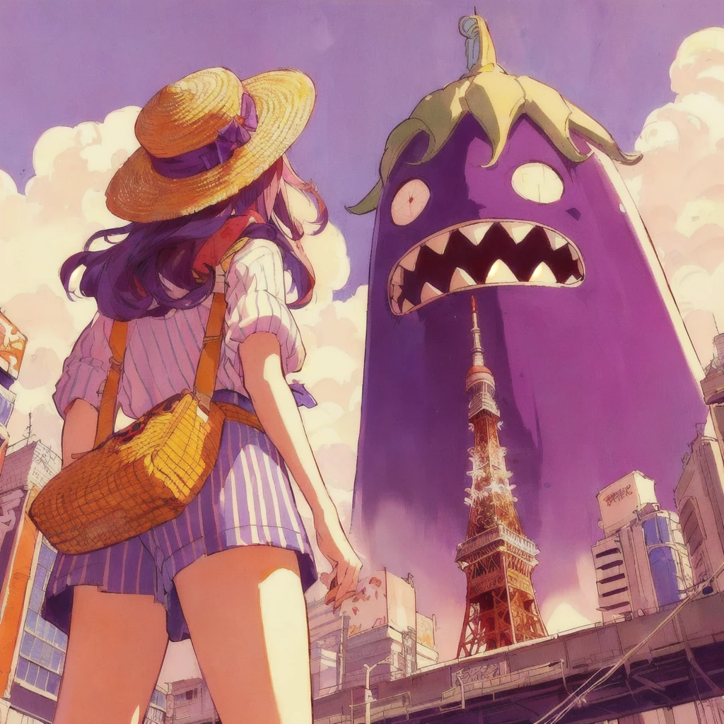 Anime girl wearing a hat and bag looking at a giant eggplant, Tokyo Tower is in front of the eggplant,by Kamisaka Sekka, Tokyo Anime Scene, By Ikuo Hirayama, boogiepop phantom, Kuvisiato, 80s anime style,Anime-style artwork, Japanese Pop Surrealism, by Shinoda Toko, Dreamy psychedelic anime, Japanese Pop Surrealism, Retro Anime Images, Anime-style illustrations