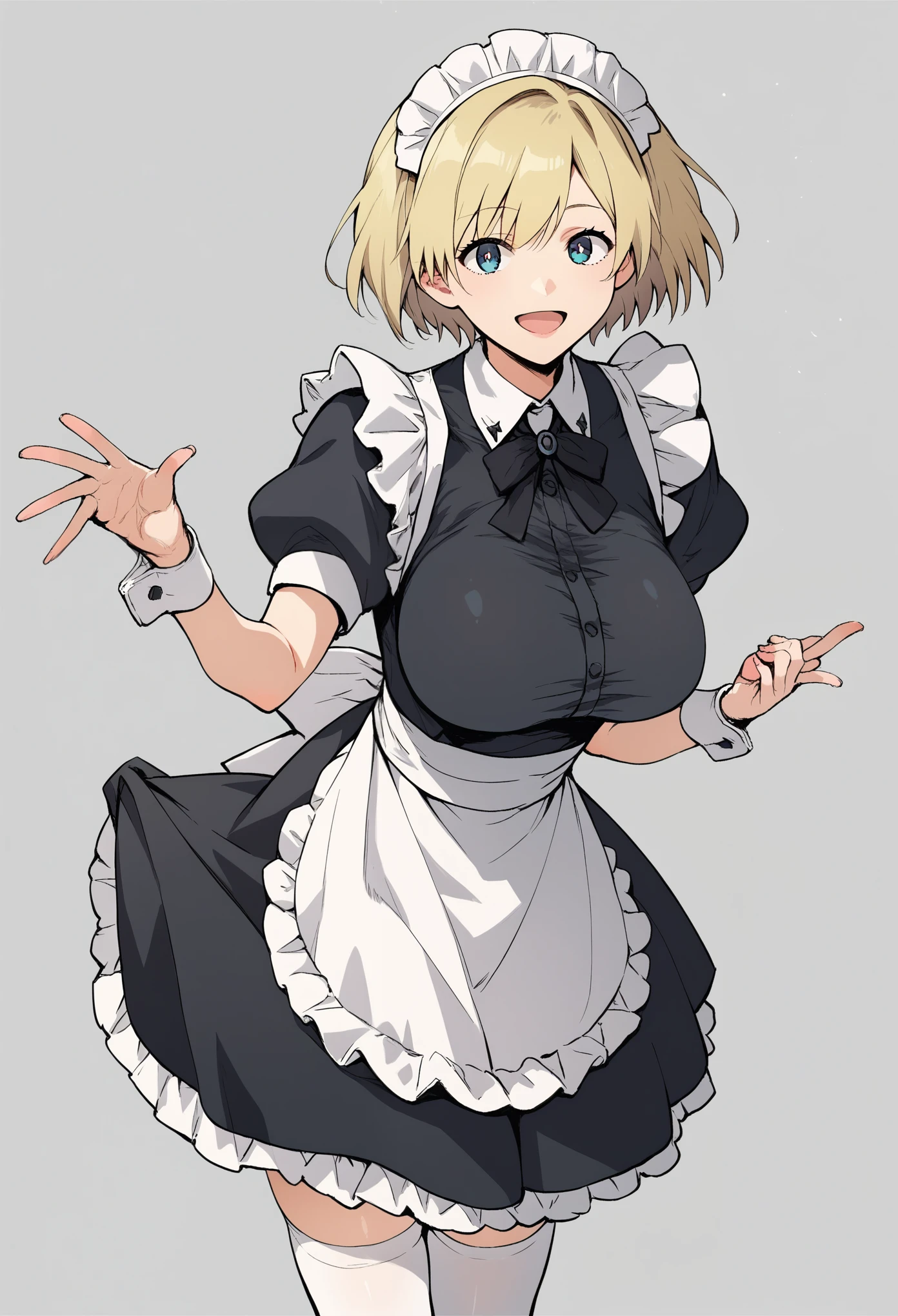 score_9, score_8_up, score_7_up, source_anime, rating:general, masterpiece, best quality, 1girl, leaning forward, smile, bangs, breasts, maid headdress, maid, frills, black dress, detached collar, puffy short sleeves, wrist cuffs, apron, white thighhighs, wavy short hair, blonde hair, looking at viewer,