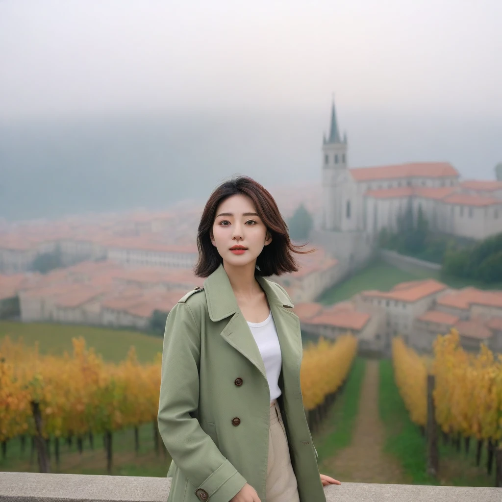 8k best picture quality, Beautiful 36-year-old Korean woman, You have good skin and big and pretty eyes... Chest size 34 inches, Traveling in Italy in the fall, The cathedral can be seen in the distance in thick fog., The back background is realistic and vivid quality., Short and medium hair blowing in the wind, He wore a light green trench coat over a T-shirt that covered his neck.. beige casual pants, I'm smiling. Standing on the edge of the hill with a view of the cathedral, Short and slim Korean woman, stand far away, Full body photo taken with Canon Mark 5 camera 16-35 wide angle lens, One woman with big and pretty eyes, eyes are round and big, Taken from a hill above a vineyard
