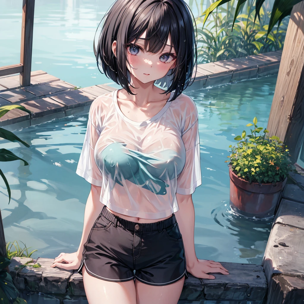 ((Highest quality)), ((masterpiece)), ((detailed)), (4K), 1girl, 独奏, black hair, bob cut, white t-shirt, dolphin shorts, leaning forward, large breasts, naughty face, looking at viewer, (from above), town, rain, wet, see through