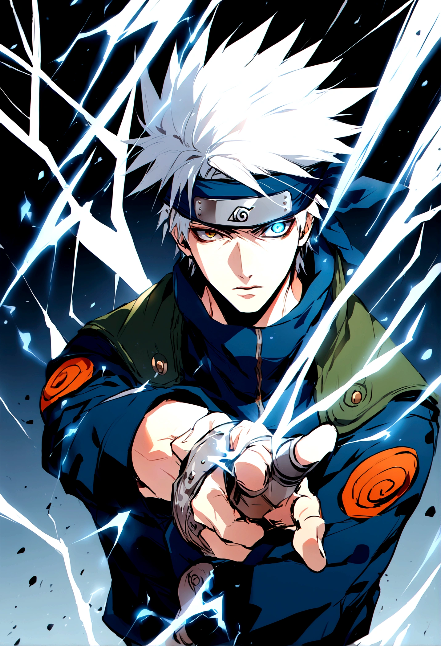 hatake kAkashi, blue lightning bolt in one hand, chidory, upper body, sharingan in eye, ready to fight, hight quality