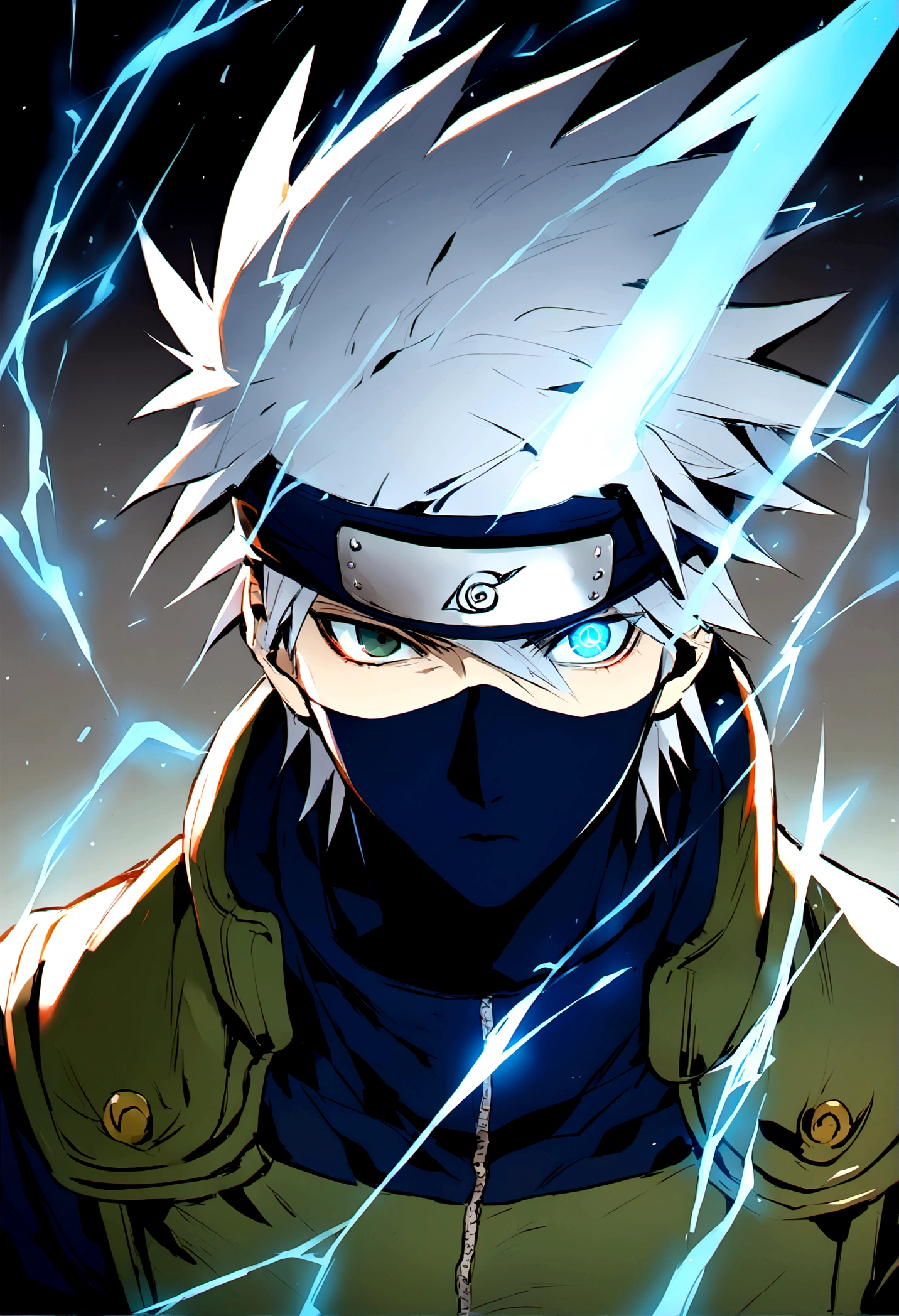 hatake kAkashi, blue lightning bolt in one hand, chidory, upper body, sharingan in eye, ready to fight, hight quality