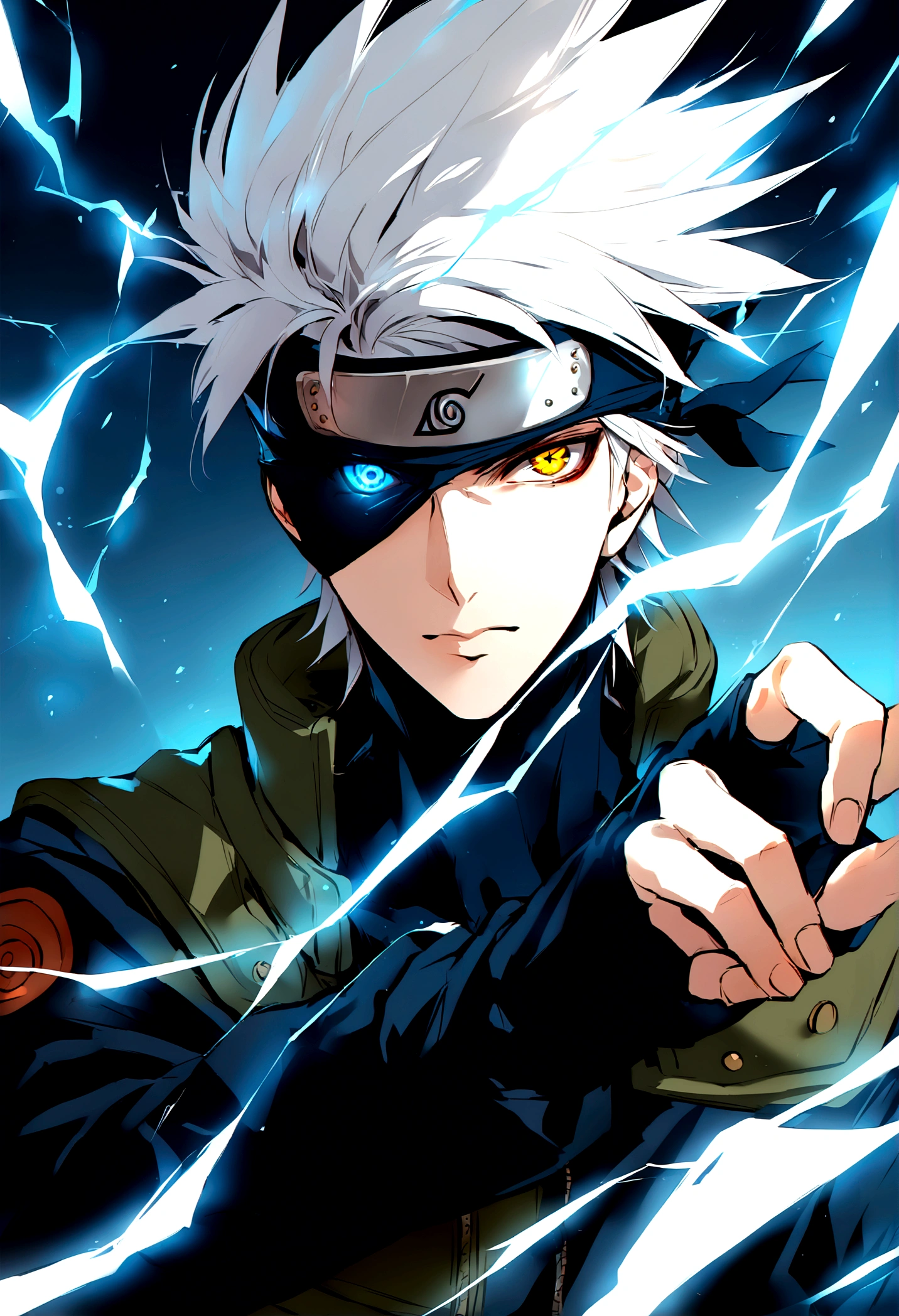 hatake kAkashi, blue lightning bolt in one hand, chidory, upper body, sharingan in eye, ready to fight, hight quality