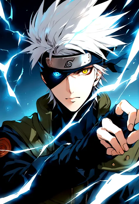 hatake kakashi, blue lightning bolt in one hand, chidory, upper body, sharingan in eye, ready to fight, hight quality