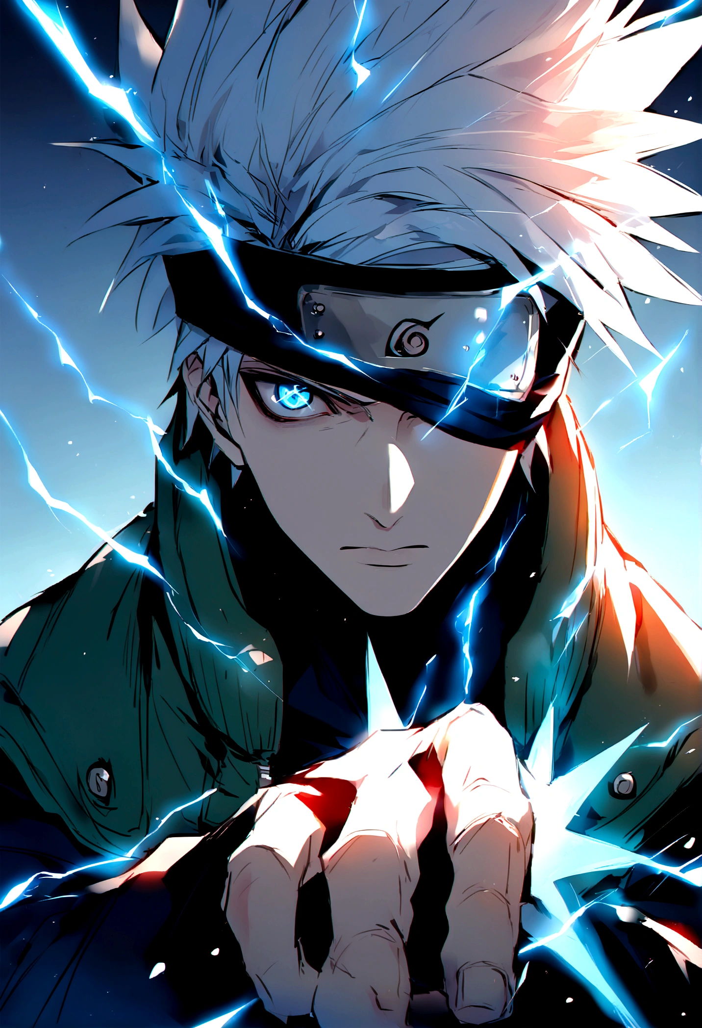 hatake kAkashi, blue lightning bolt in one hand, chidory, upper body, sharingan in eye, ready to fight, hight quality