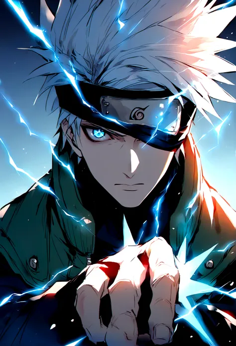 hatake kakashi, blue lightning bolt in one hand, chidory, upper body, sharingan in eye, ready to fight, hight quality