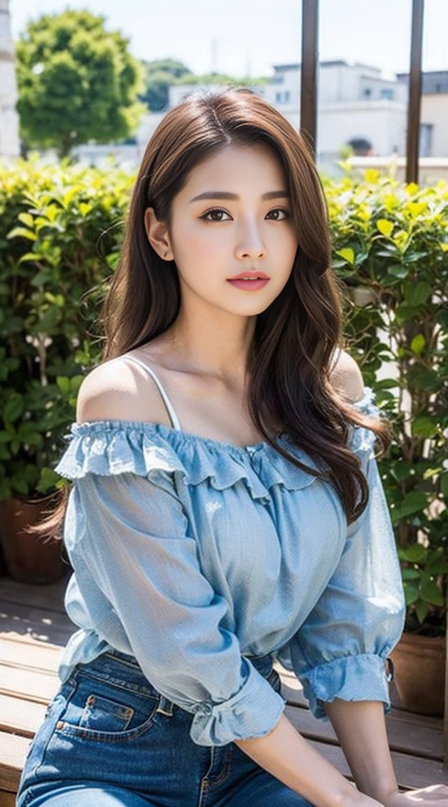 Dark brown hair、Light brown eyes、Japanese actress、 Lady、I am about 40 years old...........、(Intricate details:1.2)、 (Ultra-high resolution:1.2)、Ultra-high resolution、(Finely tuned)、(Detailed facial features)、Hmph、8K resolution、D cup size breasts、Long Hair、Tulle　Frills　Top、Denim pants、At the terrace cafe、Basking in the sunshine、Sitting on a chair on the terrace、