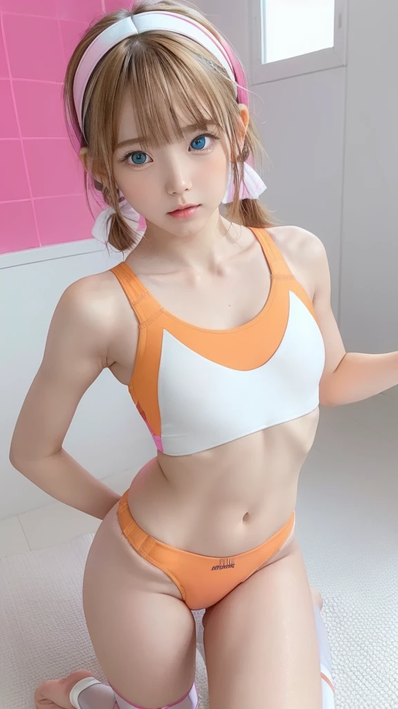 (((1 small cute girl/Very Small Flat Chest/whole body))),(((At the resort))),(((innocent))),(((Petite figure))),(((Big Blue Eyes))),(Lightroom:1.13)、Soft Light、(Natural Skin Texture:1.2)、(Hyperrealism:1.2)、Sharp Focus、Highest quality, Photorealistic, In 8K, High resolution, (Skin Dentition), (Portrait:0.6), Pure Eros Face_v1:1,(((A pure 10-year-old)))、Nice cute girl、(((hot pink and white and orange combination sports bra swimsuit/Small breasts:1.72))),((Dark blonde long straight hair/Hair band/Neckband, Parted bangs:1.7)), (((See through clothes))),(((Undersized clothing))),(((Revealing clothes))), (((Childlike)))、((())),(((In the pussy part pantyliner))),(((Leg Shot))),(((Very Small Flat Chest))),(((NSFW)))