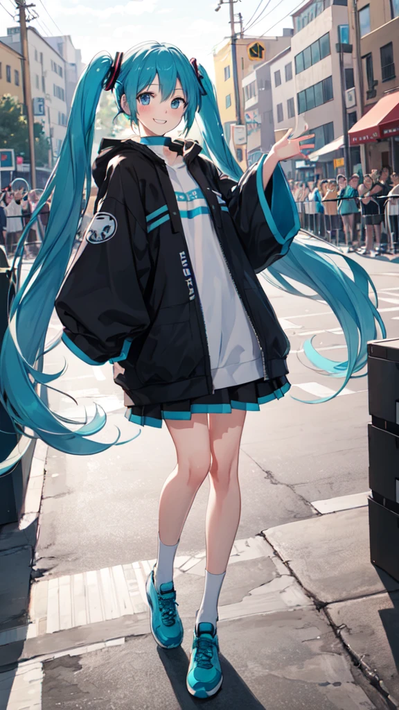 best quality, masterpiece, high resolution, solitary, (Hatsune_future_Blue File:1.10), 1 girl, Wide sleeves, Long sleeve, Looking at the audience, Heart, blush, flowering, Smile, outdoor, Residence, Print 14 ，full-body shot，on stage