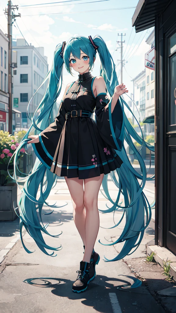 best quality, masterpiece, high resolution, solitary, (Hatsune_future_Blue File:1.10), 1 girl, Wide sleeves, Long sleeve, Looking at the audience, Heart, blush, flowering, Smile, outdoor, Residence, Print 14 ，full-body shot，on stage