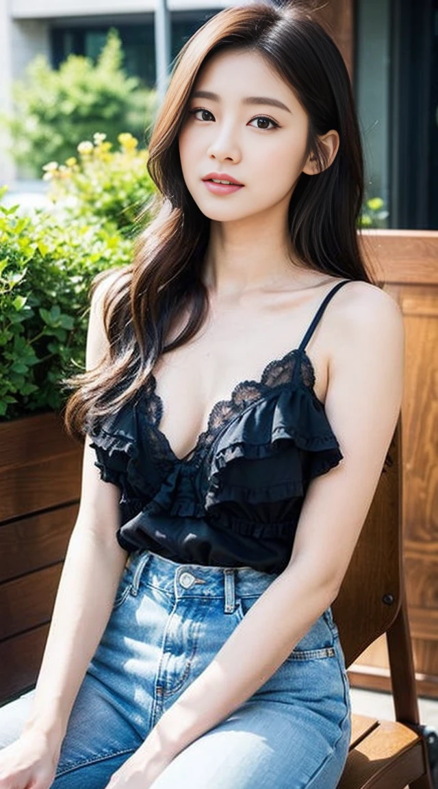 Dark brown hair、Light brown eyes、Japanese actress、 Lady、I am about 40 years old...........、(Intricate details:1.2)、 (Ultra-high resolution:1.2)、Ultra-high resolution、(Finely tuned)、(Detailed facial features)、Hmph、8K resolution、D cup size breasts、Long Hair、Tulle Frills Top、Denim pants、At the terrace cafe、Basking in the sunshine、Sitting on a chair on the terrace、