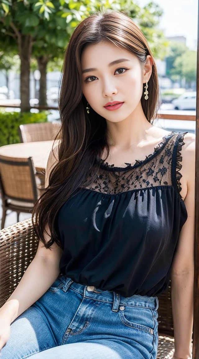 Dark brown hair、Light brown eyes、Japanese actress、 Lady、I am about 40 years old...........、(Intricate details:1.2)、 (Ultra-high resolution:1.2)、Ultra-high resolution、(Finely tuned)、(Detailed facial features)、Hmph、8K resolution、D cup size breasts、Long Hair、Tulle Frills Top、Denim pants、At the terrace cafe、Basking in the sunshine、Sitting on a chair on the terrace、